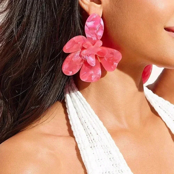 Hot Pink Women's Acetic Acid Floral Design Personality Earrings - Picture 3 of 7